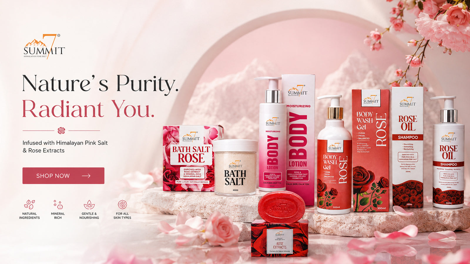 A promotional product lineup for SUMMIT body and bath products, including bath salts, body lotion, rose wash gel, shampoo, and rose oil, arranged on a pink marble-like surface with scattered pink roses and floral branches. The left side includes marketing text and a 'SHOP NOW' button.