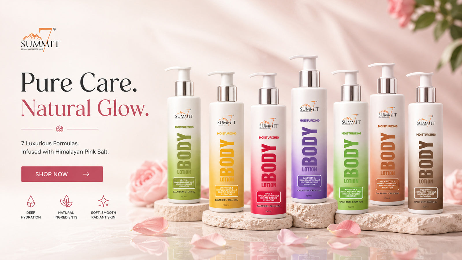 Six SUMMIT BODY care pump bottles in assorted colors are lined up on stone platters against a soft pink background with rose petals and floral accents. The bottles feature white bodies with colorful gradient labels and silver pump dispensers.