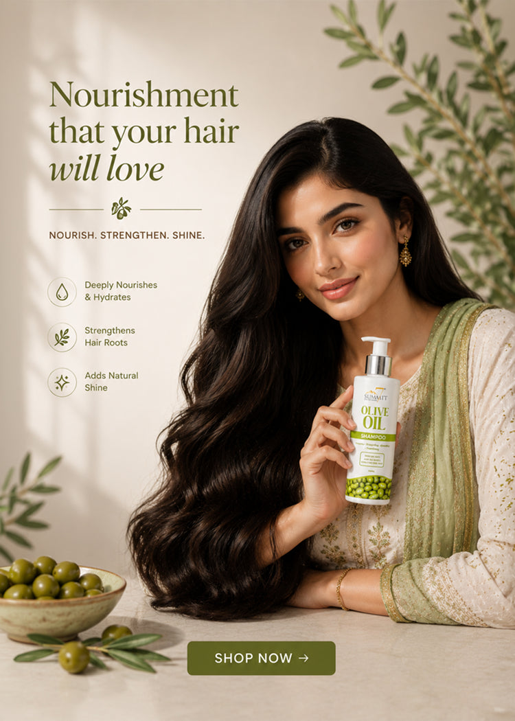 A woman with long, wavy black hair holds a bottle of nourishing olive oil hair care product. The ad features olive green leaves, olives, and text highlighting hair benefits against a warm beige background.
