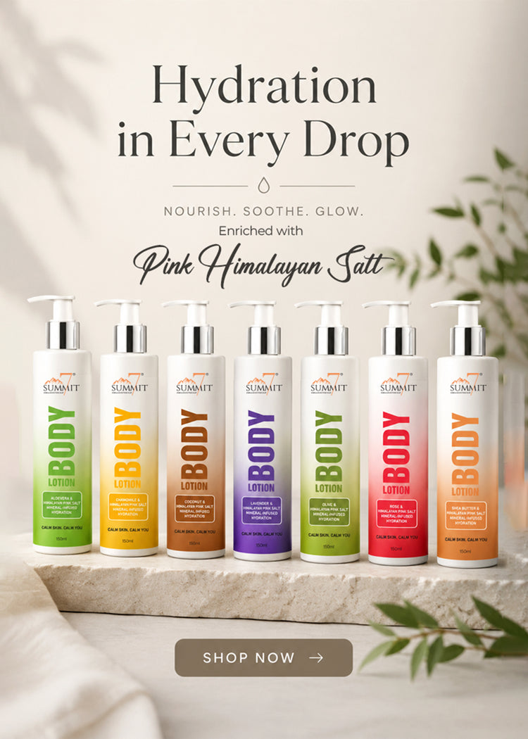 Six SUMIT body lotion bottles in different colors (green, yellow, orange, purple, red, brown) lined up on a stone slab with promotional text 'Hydration in Every Drop' and 'Pink Himalayan Salt'.